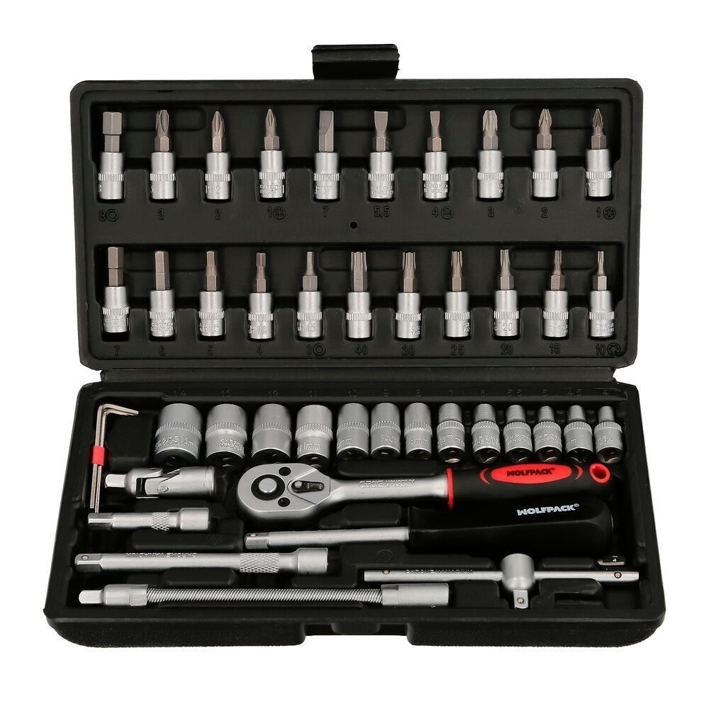 Set bussole e inserti 1/4" 46 Pz.  Con Apadtator. Cromo vanadio, kit chiavi combinate, kit cricchetto,