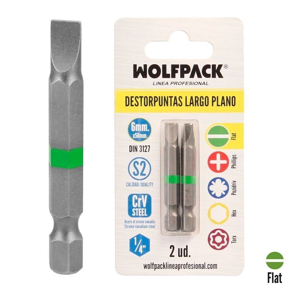 Lange flache Schraubendreherbits 6 mm. (2 Stücke). S2 Chrom-Vanadium-Stahl. Sechskant-Bits, Spitzenentferner,