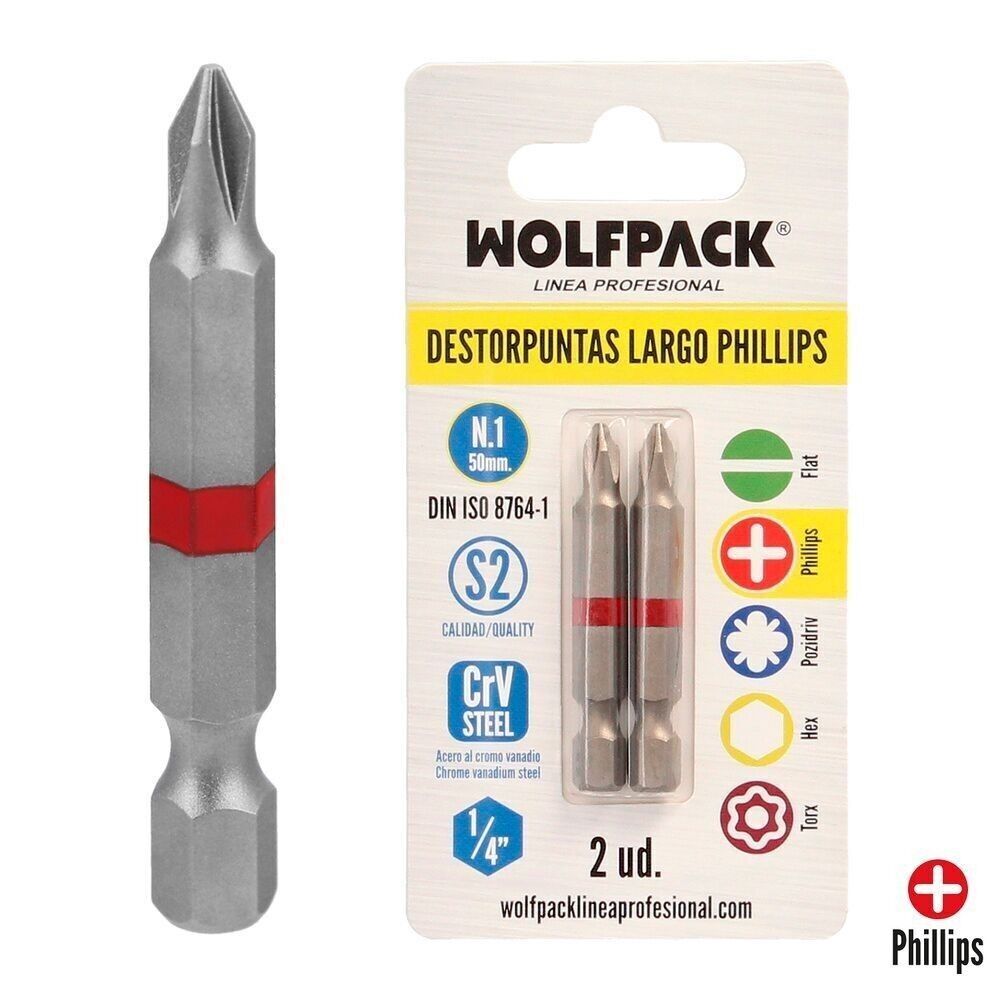 Kreuzschlitzschraubendreher Nr. 1 mit langen Spitzen (2 Stück). S2 Chrom-Vanadium-Stahl. Sechskant-Bits, Spitzenentferner,