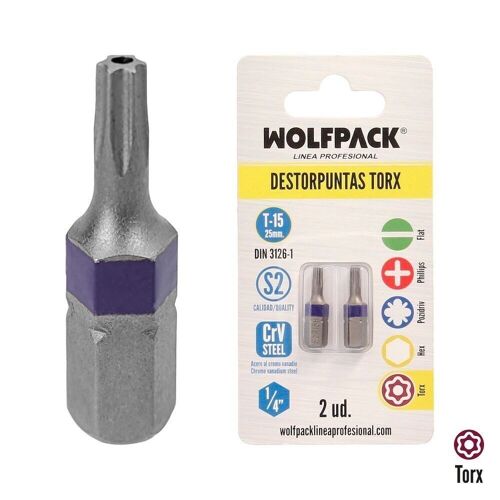 Puntas Destornillador Torx 15 Inviolable (2 Piezas). Acero S2 al Cromo Vanadio. Puntas Hexagonales,  Destorpuntas,