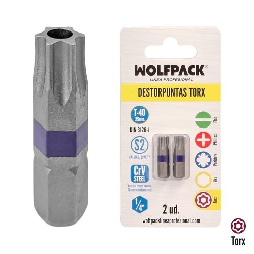 Puntas Destornillador Torx 40 Inviolable (2 Piezas). Acero S2 al Cromo Vanadio. Puntas Hexagonales,  Destorpuntas,