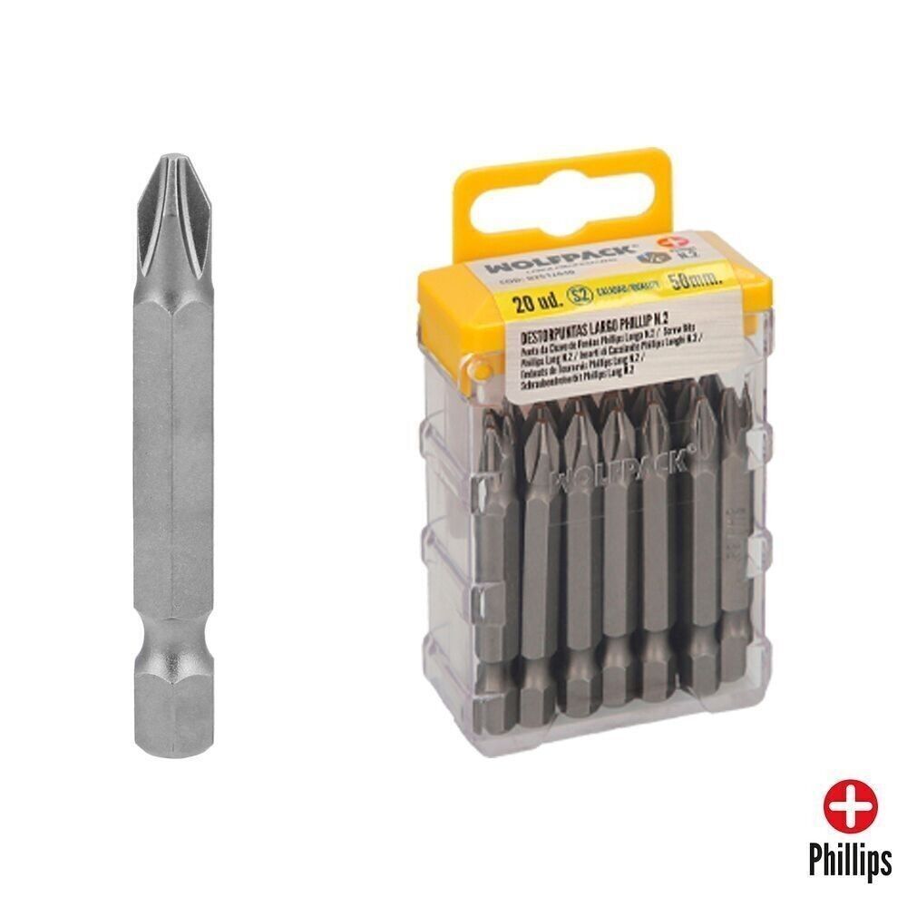 Kreuzschlitzschraubendreher Nr. 2 mit langen Spitzen (20 Stück). S2 Chrom-Vanadium-Stahl. Sechskant-Bits, Spitzenentferner,