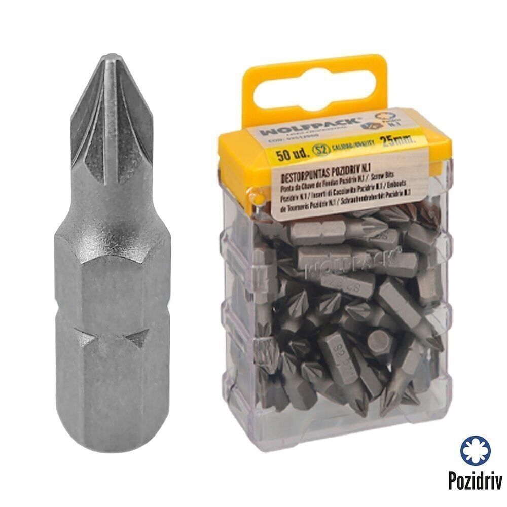 Pozidriv-Schraubendreher-Bits Nr. 1 (50 Stück). S2 Chrom-Vanadium-Stahl. Sechskant-Bits, Spitzenentferner,