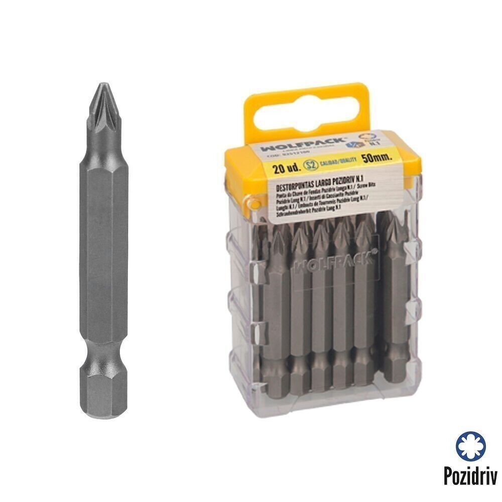 Pozidriv-Schraubendreher Nr. 1 mit langen Spitzen (20 Stück). S2 Chrom-Vanadium-Stahl. Sechskant-Bits, Spitzenentferner,