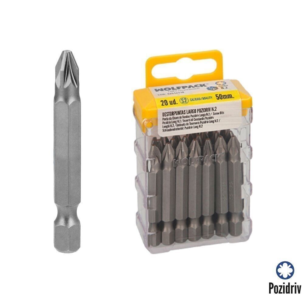 Pozidriv-Schraubendreher Nr. 2 mit langen Spitzen (20 Stück). S2 Chrom-Vanadium-Stahl. Sechskant-Bits, Spitzenentferner,
