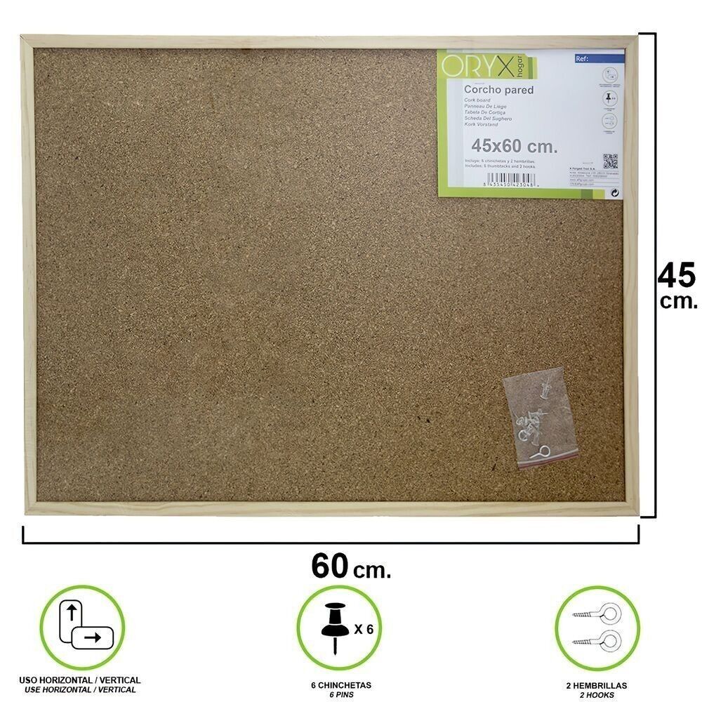 Parete in sughero 45x60 cm. Cornice In Legno Con 6 Puntine Da Disegno