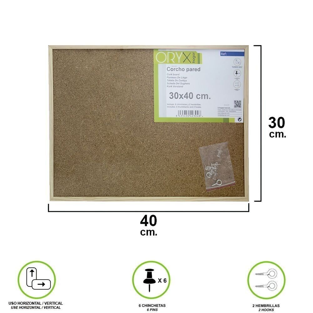 Parete in sughero 30x40 cm. Cornice In Legno Con 6 Puntine Da Disegno