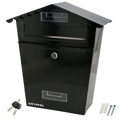 House Outdoor Mailbox Black 330 x 125 x 365 (Ht.)mm.  With Roof, Painted Steel. Wall Mailbox, Letter Mailbox, Post Office Mailbox