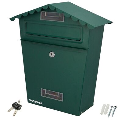 House Green Outdoor Mailbox 330 x 125 x 365 (Ht.)mm.  With Roof, Painted Steel. Wall Mailbox, Letter Mailbox, Post Office Mailbox