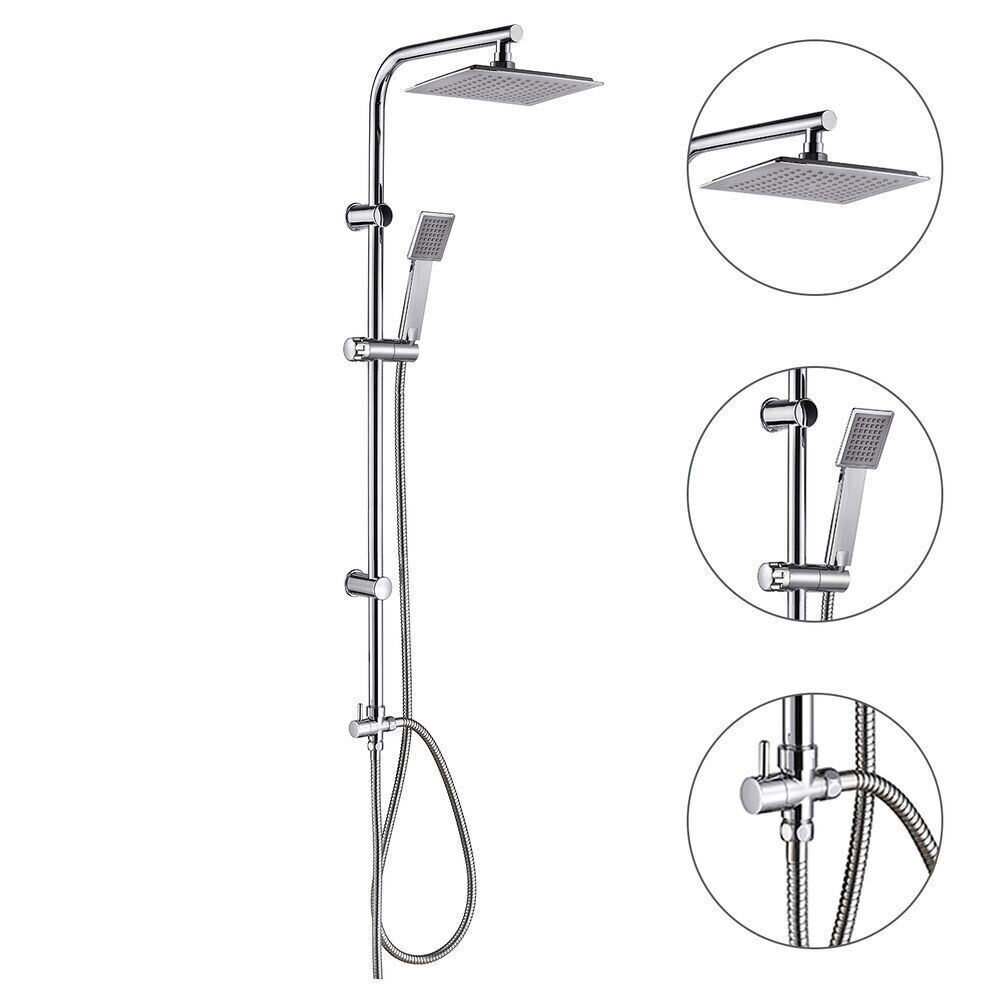 Komplette quadratische multifunktionale Universal-Duschsäule, verchromter Stahl, Duschkopf mit Regeneffekt 22,5 x 22,5 cm.