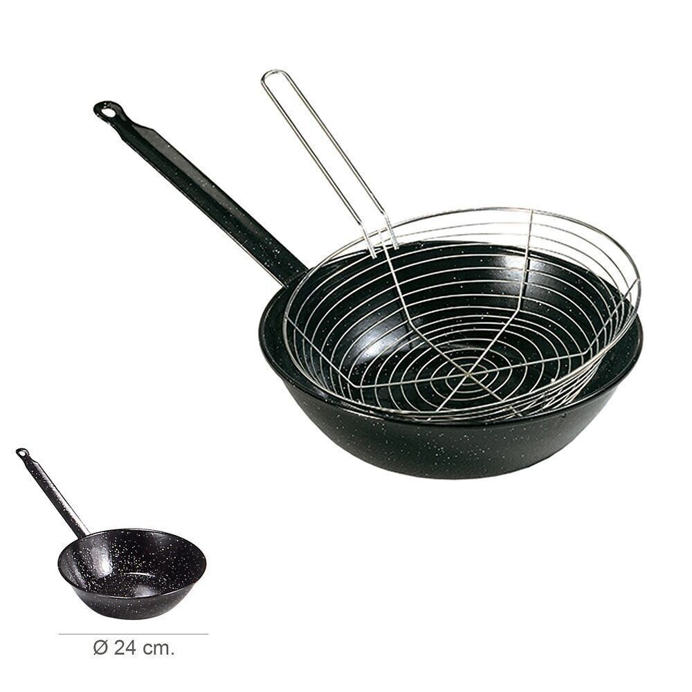 Padella Smaltata Con Manico "24 cm. Con Cestello Per Friggere