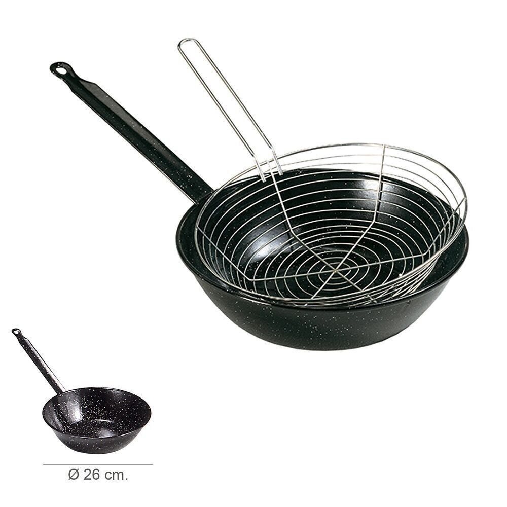 Padella Smaltata Con Manico "26 cm. Con Cestello Per Friggere