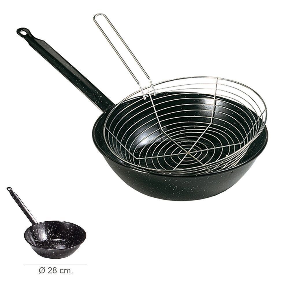 Padella Smaltata Con Manico " 28 cm. Con Cestello Per Friggere