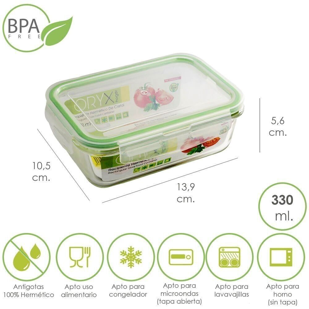 Contenitore Ermetico Rettangolare in Vetro da 330 ml.  13.9x10.5x5.6 (altezza) cm.