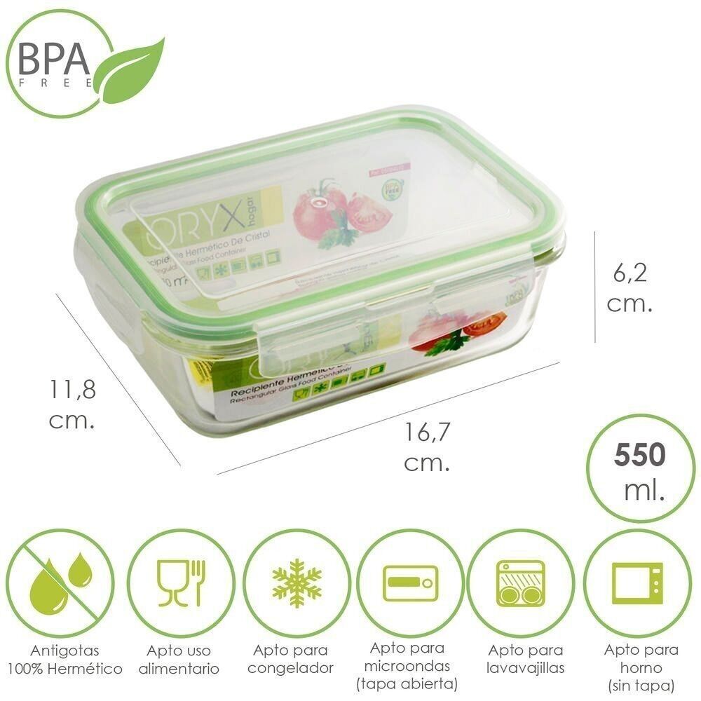 Contenitore Ermetico Rettangolare in Vetro da 550 ml.  16.7x11.8x6.2 (altezza) cm.