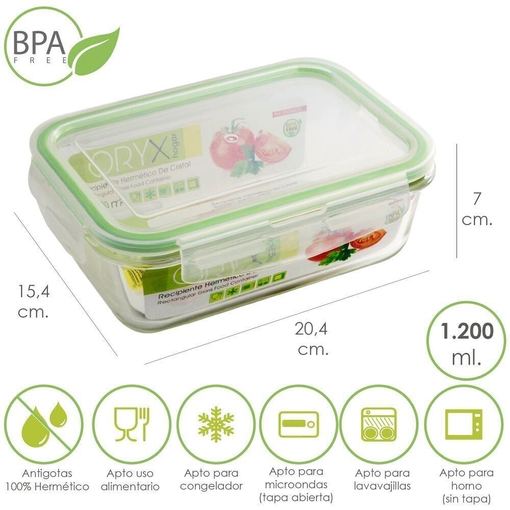 Contenitore Ermetico Rettangolare in Vetro da 1200 ml.  20.4x15.4 x 7 (altezza) cm.