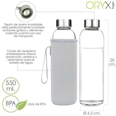 Glaswasserflasche 550 ml. Neoprenhülle mit Griff. BPA-frei