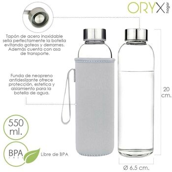 Bouteille d'eau en verre 550 ml. Housse en néoprène avec poignée. sans BPA