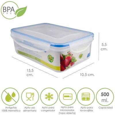 Rectangular Hermetic Plastic Container 500 ml.  15.5x10.5 x 5.5 (Alt.)cm.