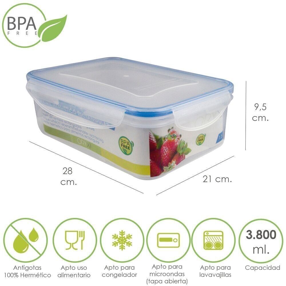 Contenitore ermetico rettangolare in plastica 3.800 ml.  28x21x9.5 (alt.)cm.