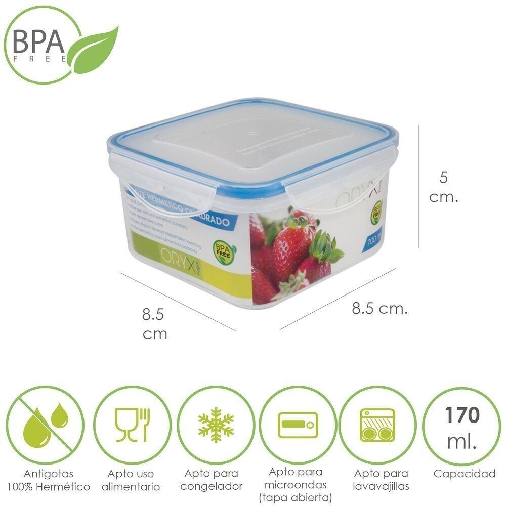 Contenitore Quadrato In Plastica Ermetico Da 170 ml.  8.5×8.5×5 (Alt.)cm.