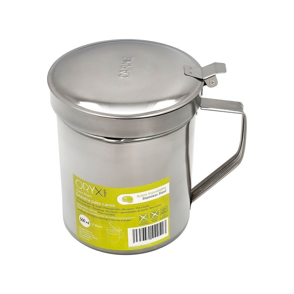 Grasera Acero Inoxidable Para Carne,  Aceitera Aceite Usado 0, 5 lts. Con Colador y Tapa,  Recipiente Reciclaje Aceite Usado Carne