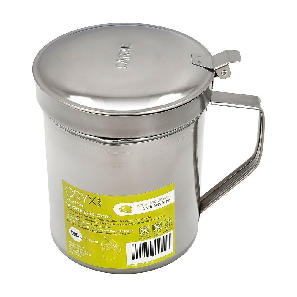 Grasera Acero Inoxidable Para Carne,  Aceitera Aceite Usado 1, 0 Lts. Con Colador y Tapa,  Recipiente Reciclaje Aceite Usado Carne