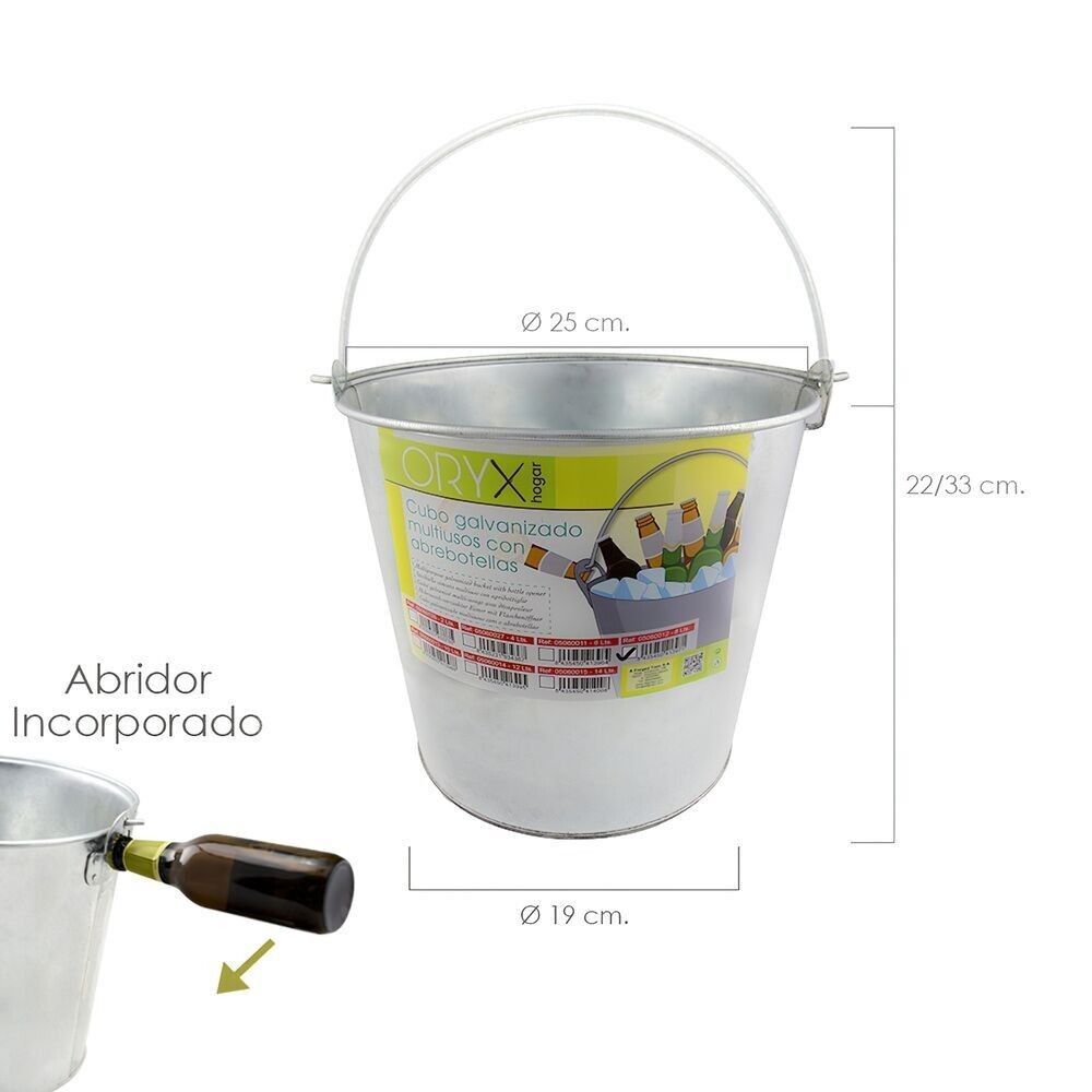 Secchio Multiuso in Metallo Zincato Zincato 8 Litri 25 x 19 x 22 (alt.)cm. con apribottiglie