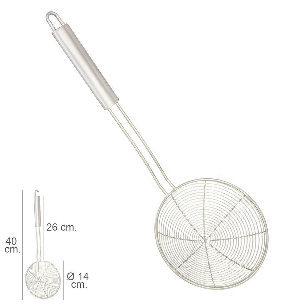 Skimmer in filo di acciaio inox " 14 cm.  Manico Tondo 26 cm.