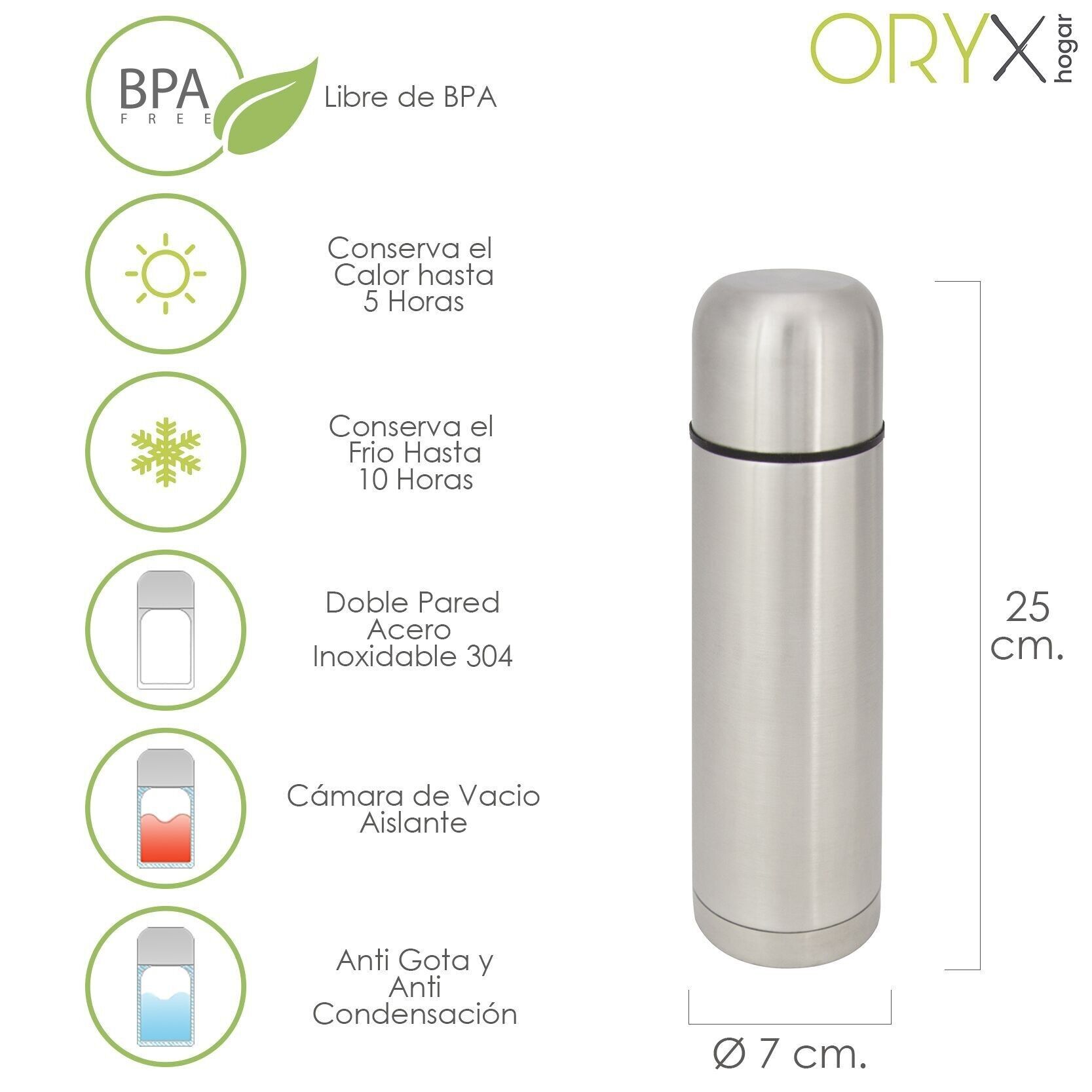 Termo Liquidos,  Capacidad 500 ML. Libre BPA,  Acero Inoxidable,  Antigoteo