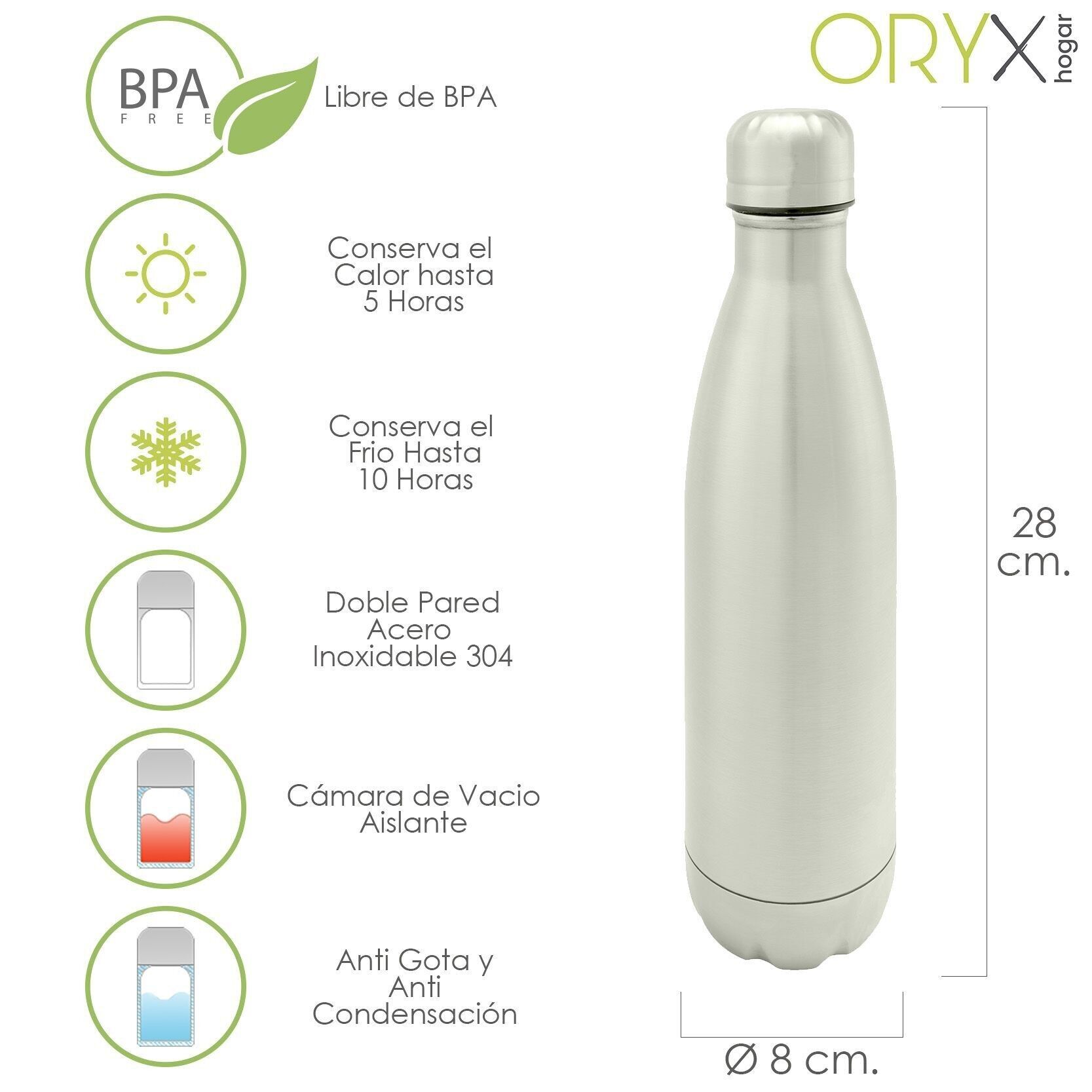 Botella Termica,  Capacidad De 500 ML. Libre BPA,   Acero Inoxidable,  Antigoteo