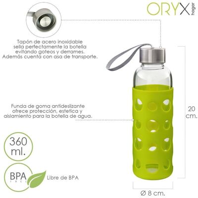 Glaswasserflasche, 360 ml Fassungsvermögen. BPA-frei, mit Gummiüberzug und Anti-Tropf-Kappe