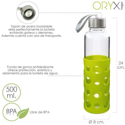 Borraccia in vetro con manicotto in gomma e tappo antigoccia, 500 ml, senza BPA