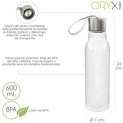 Borraccia, capacità 600 ML.  Plastica senza BPA, con manico, tappo in acciaio inossidabile.