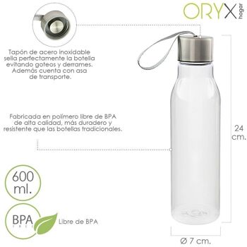Bouteille d'eau, capacité 600 ML. Plastique sans BPA, avec poignée, capuchon en acier inoxydable.