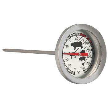 Thermomètre de cuisine analogique, avec sonde. Idéal fours, viandes, rôtis, etc. Avec indicateur de température optimale selon les viandes