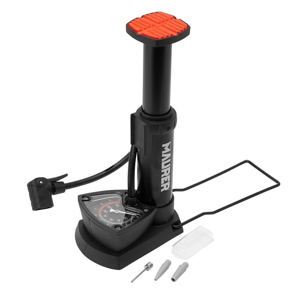 Fuß-/Pedal-Luftpumpe mit 5,5-bar-Manometer, Stahlgehäuse, SCHRADER- und PRESTA-Ventilen mit Adaptern. Pumpfahrräder, Motorräder