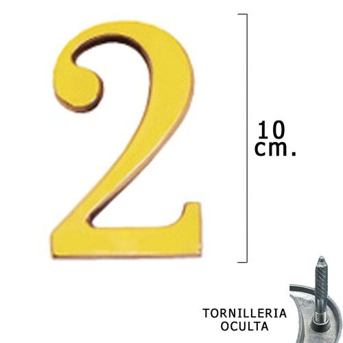 número Latón "2" 10 cm. con Tornilleria Oculta (Blister 1 Pieza)