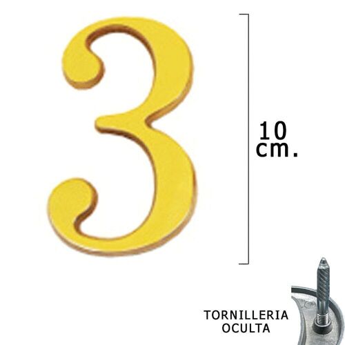 número Latón "3" 10 cm. con Tornilleria Oculta (Blister 1 Pieza)