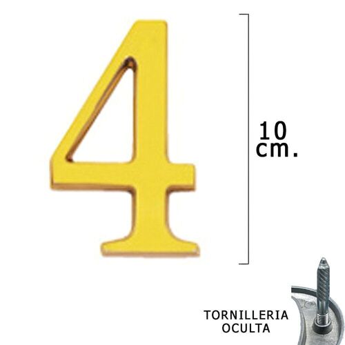 número Latón "4" 10 cm. con Tornilleria Oculta (Blister 1 Pieza)