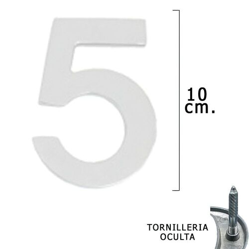 número Metal "5" Plateado Mate 10 cm. con Tornilleria Oculta (Blister 1 Pieza)