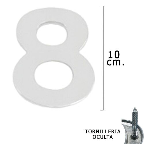 número Metal "8" Plateado Mate 10 cm. con Tornilleria Oculta (Blister 1 Pieza)