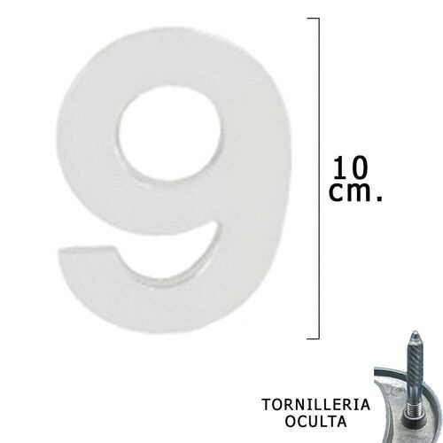 número Metal "9" Plateado Mate 10 cm. con Tornilleria Oculta (Blister 1 Pieza)