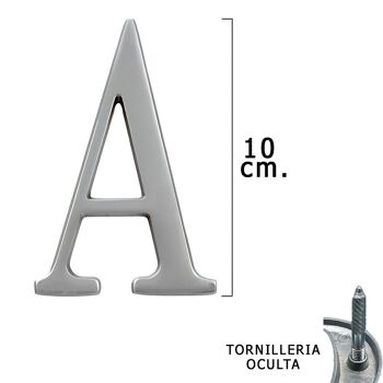 Lettre en métal "A" Argent Mat 10 cm. avec vis cachées (1 pièce Blister)