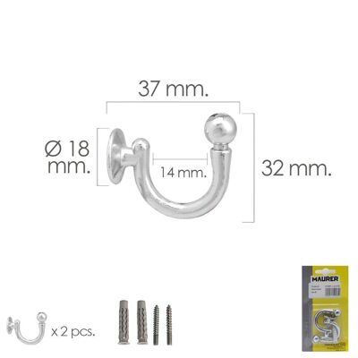 Chrome Screw-in Hook 37 mm. With plugs and screws (Blister 2 pieces)