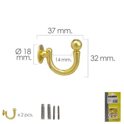 Brass Screw-On Hook 37 mm. With plugs and screws (Blister 2 pieces)