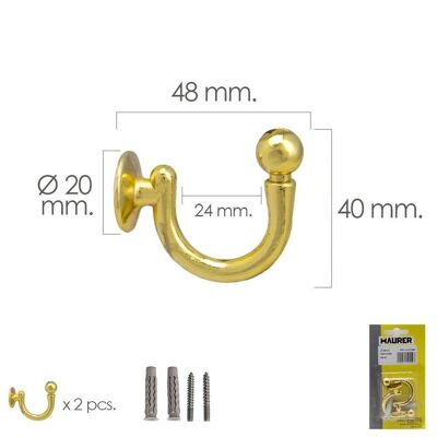 Brass Screw-On Hook 48 mm. With plugs and screws (Blister 2 pieces)