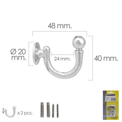 Chrome Screw-On Hook 48 mm. With plugs and screws (Blister 2 pieces)