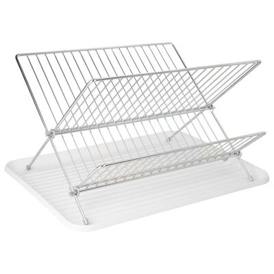 Folding Dish Drainer with Chrome Steel Rack and Drying Tray, 2 Levels