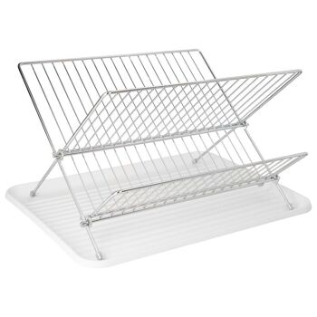 Égouttoir à vaisselle pliable avec grille et plateau de séchage en acier chromé, 2 niveaux